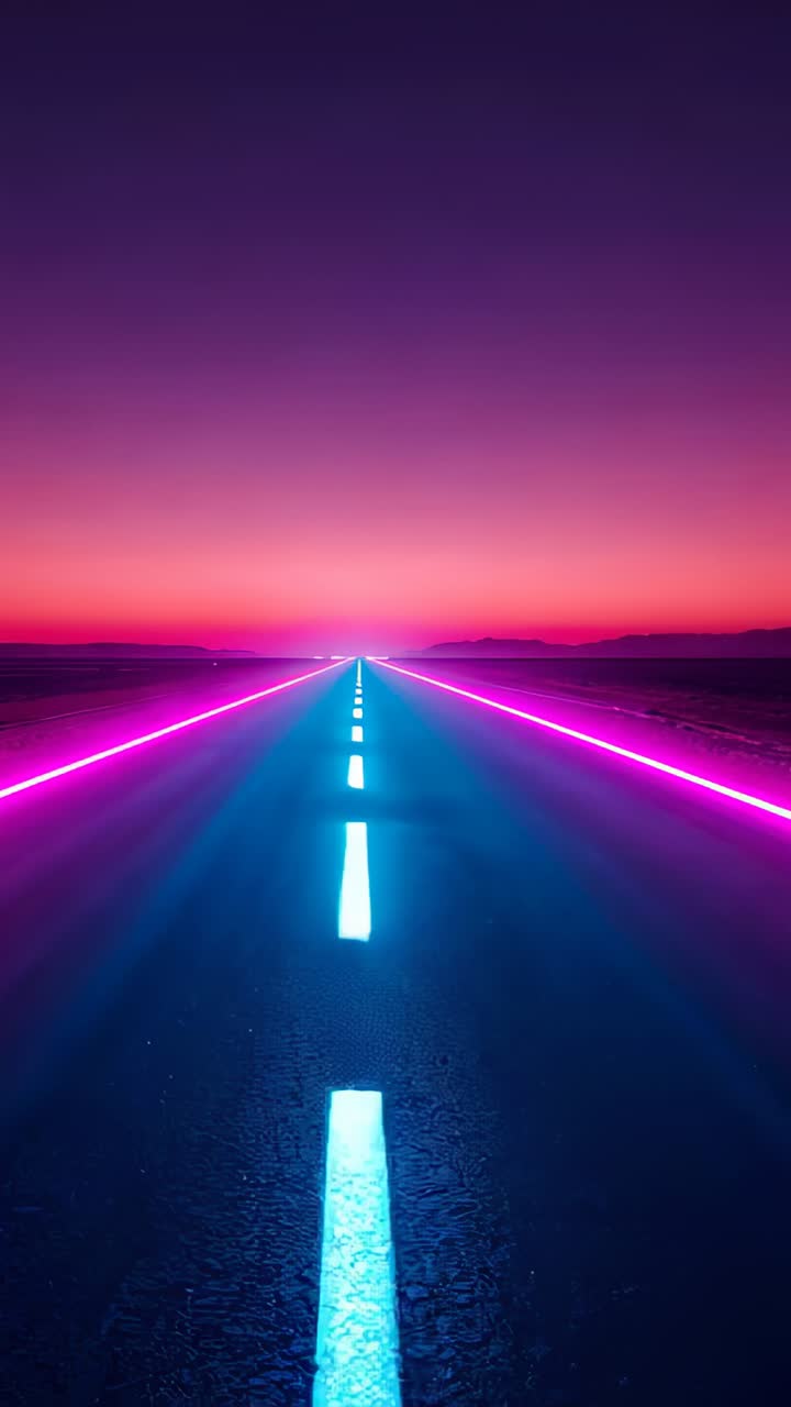Vertical video: Moving camera panning down neon road at dusk, cyan dashed line and magenta edge