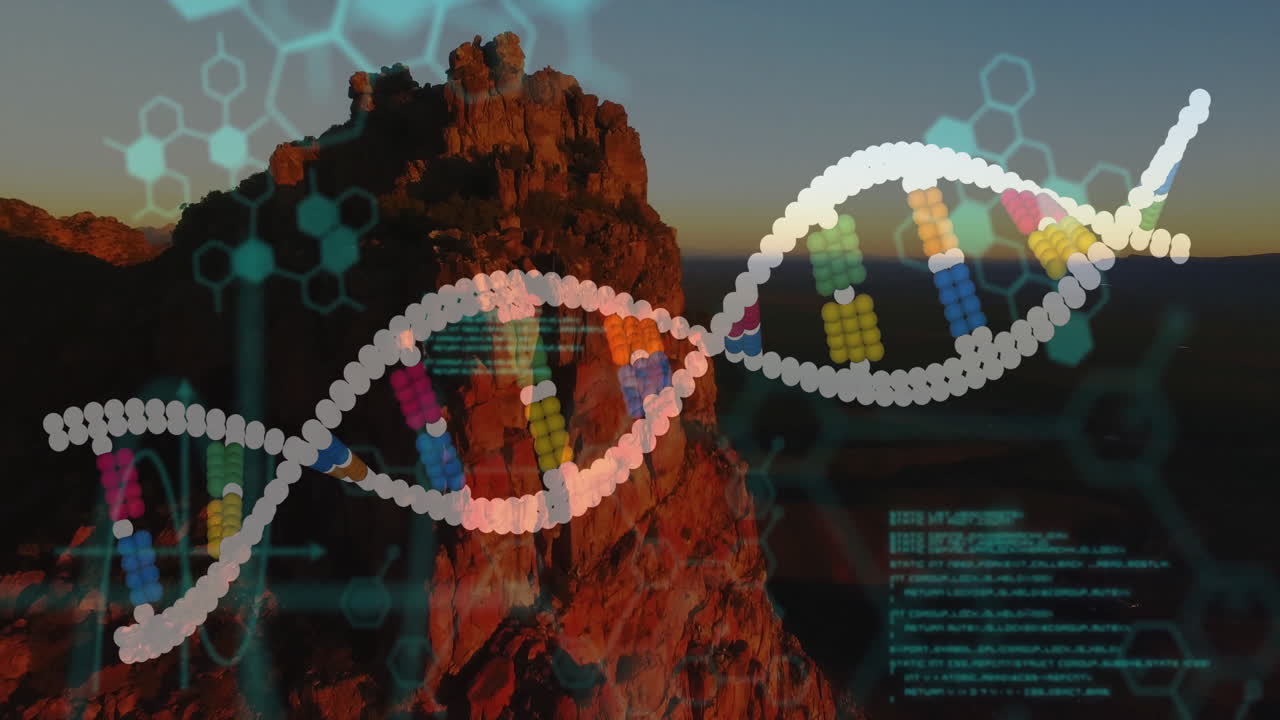 DNA helix and data animation over rocky mountain landscape at sunset