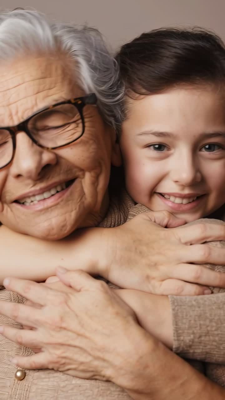 Video verticale: Bambino che si avvicina ad abbracciare un anziano in uno studio color sabbia, condividendo affetto, con occhiali e un maglione.
