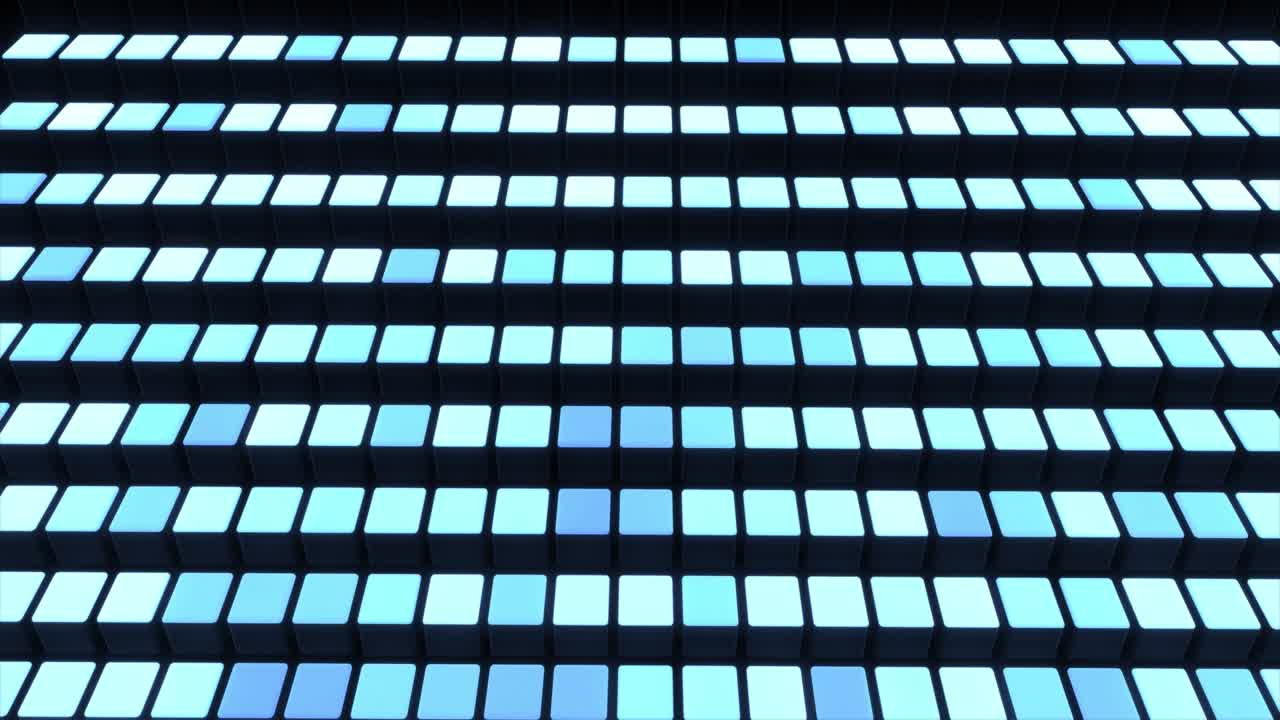4k fondo de bucle abstracto con cubos alineados en filas en un plano, iluminación de neón azul de cubos, animación ciclada suave. bg para espectáculos festivos o eventos de vacaciones, videos musicales, bucle vj para clubes nocturnos