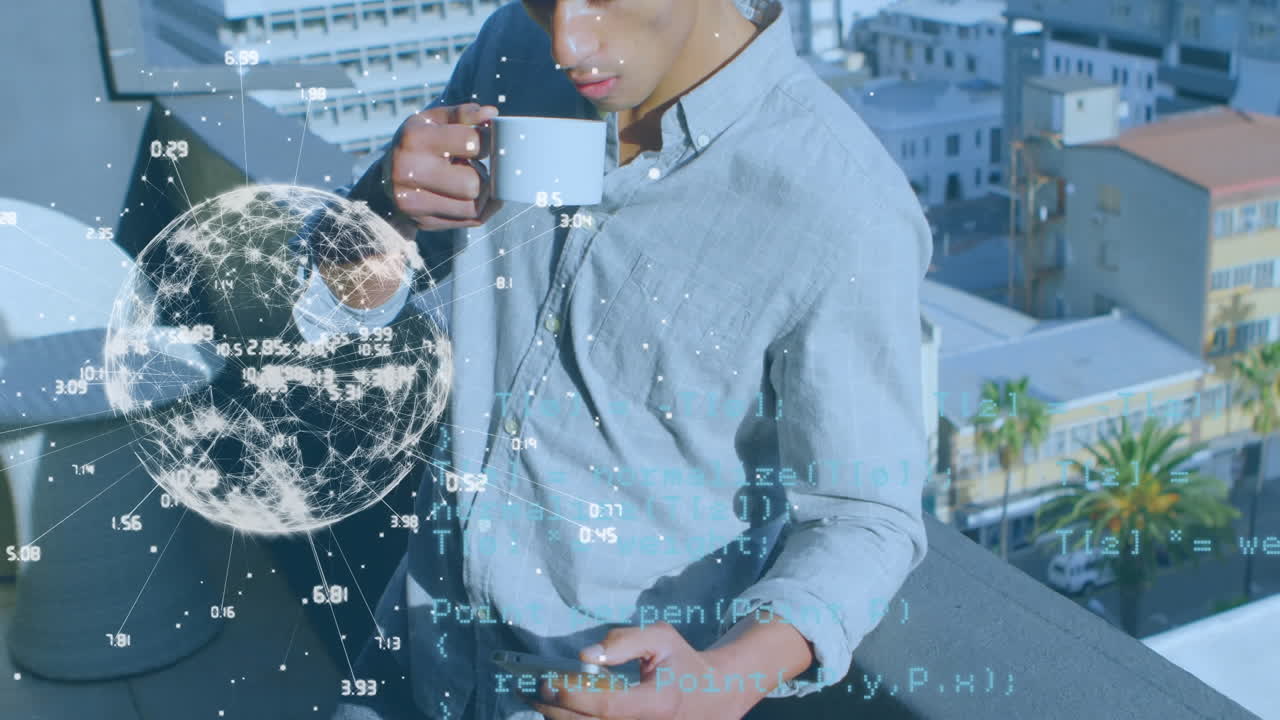 스마트폰을 사용하여 인간에 대한 연결 및 데이터 처리 세계관의 애니메이션