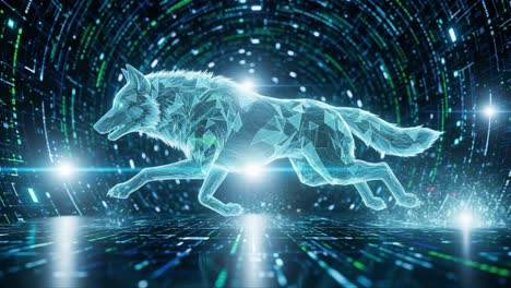 a futuristic cybernetic wolf galloping through a dynamic digital wormhole filled with vibrant light and abstract data patterns