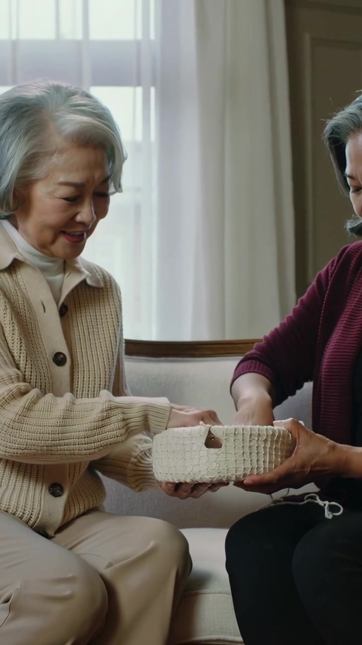 Vertical video: Sewing duo right leaning finishing basket rim on sofa with hook and yarn in cardig