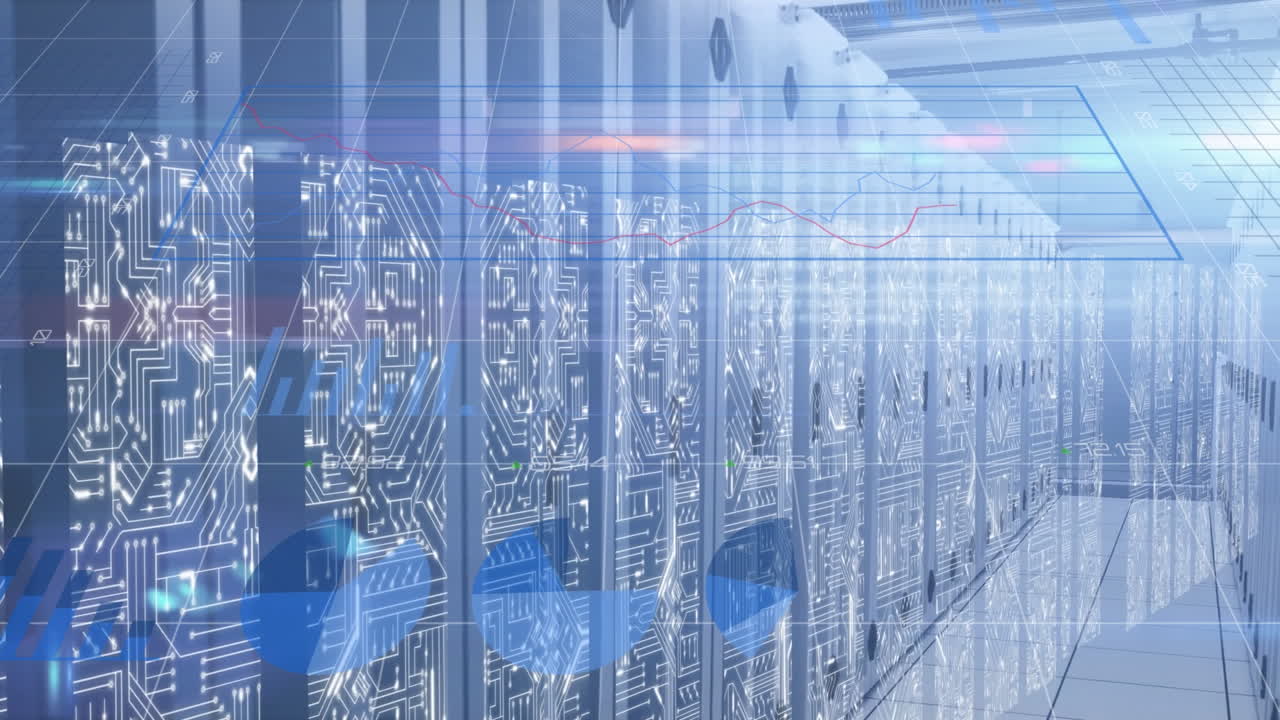 Animation of integrated circuits, diverse financial data and graphs over servers