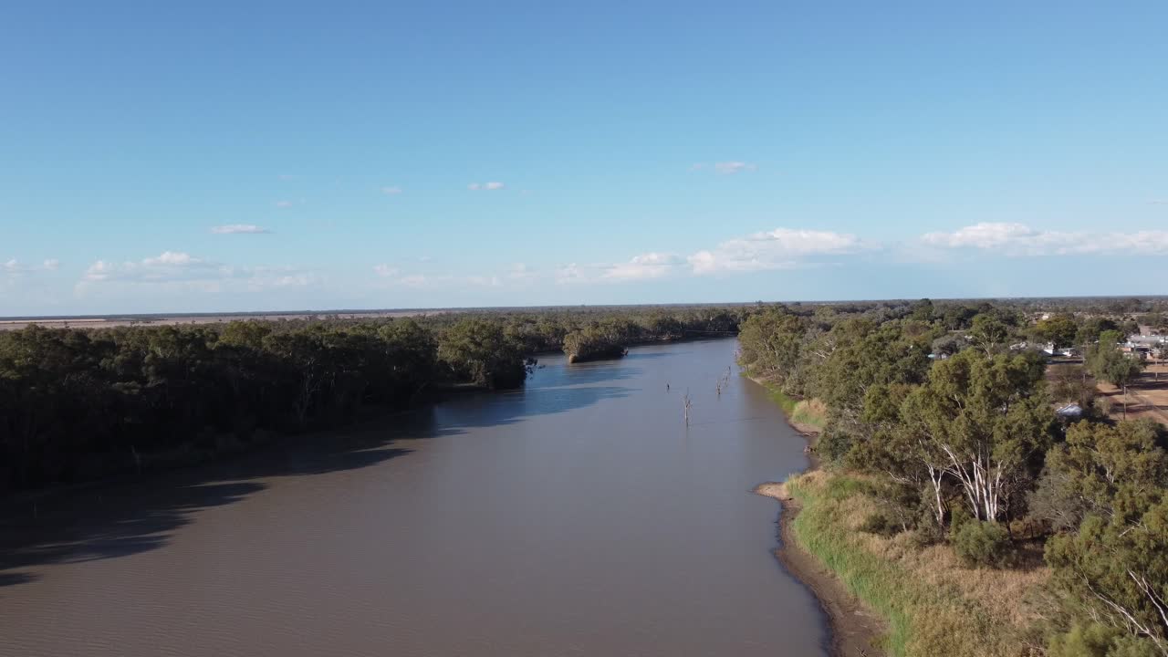 vista aérea de un río con árboles muertos en él pequeña ciudad en el lado derecho