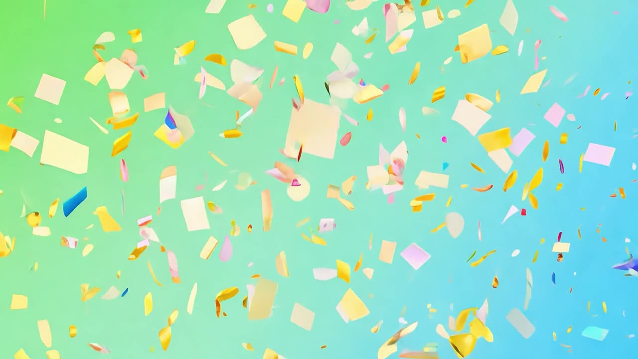 緑と青のグラディエントの背景に落ちるカラフルなコンフェッティ