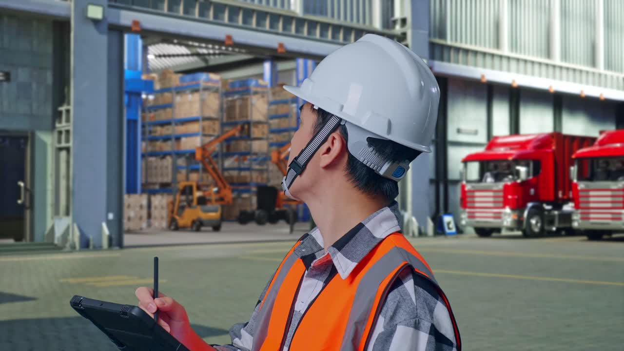 Close Up Side View Of Asian Male Engineer With Safety Helmet Taking Note On The Tablet And Looking Around While Standing , Outside of Logistics Distributions Warehouse