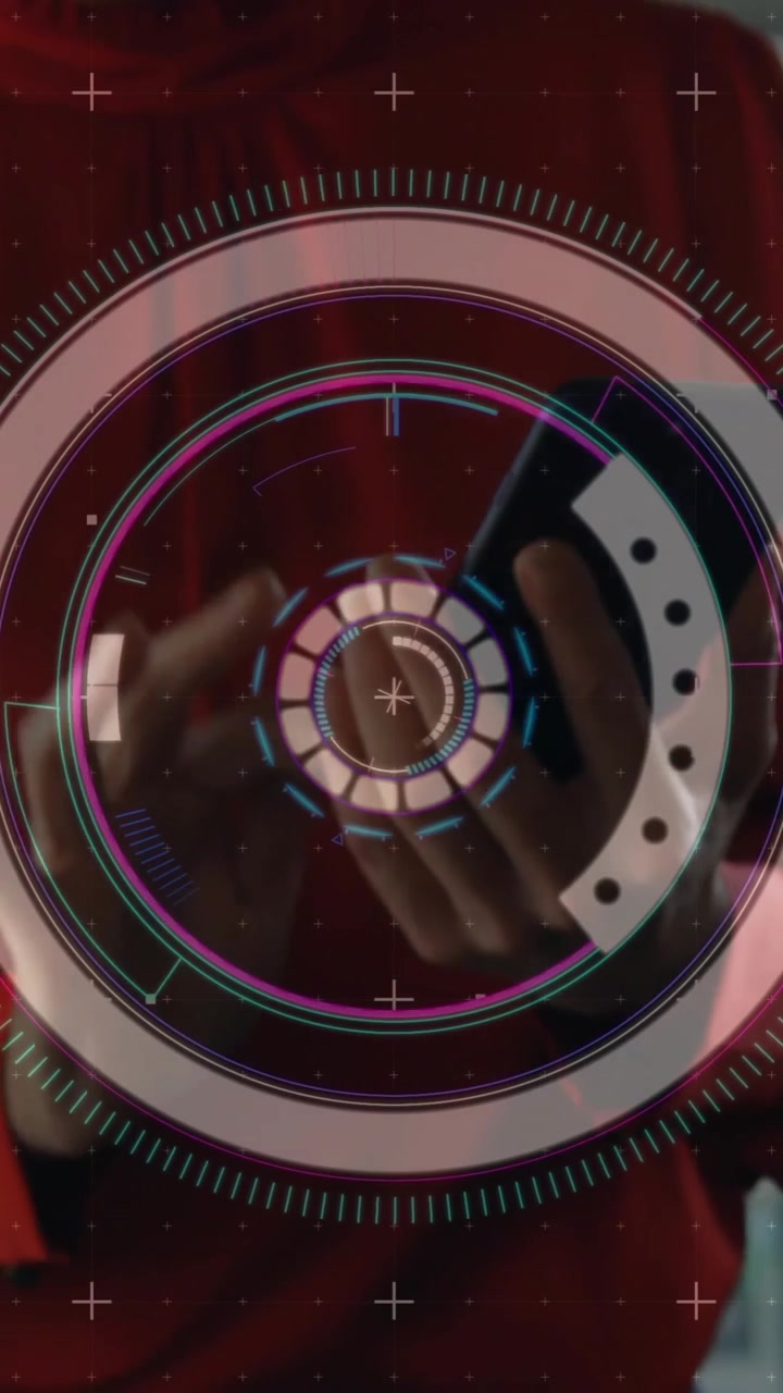 Animation of data processing and scope scanning over woman using smartphone
