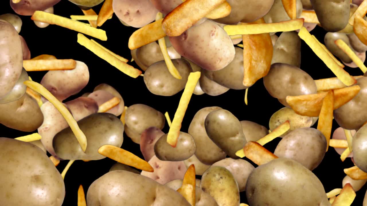 patatas fritas y patatas cayendo fondo, animación, renderización, con canal alfa
