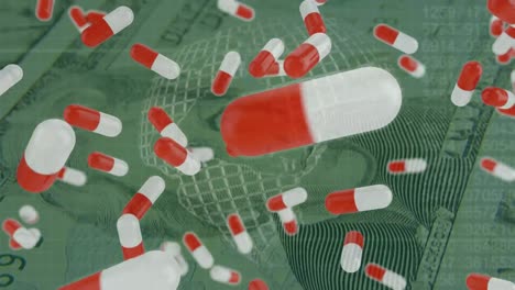 animación de pastillas que caen sobre billetes y globo