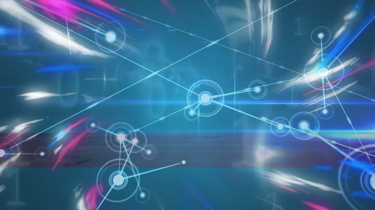 분홍색과 보라색의 반 ⁇ 이는 불빛을 통해 연결 네트워크의 애니메이션