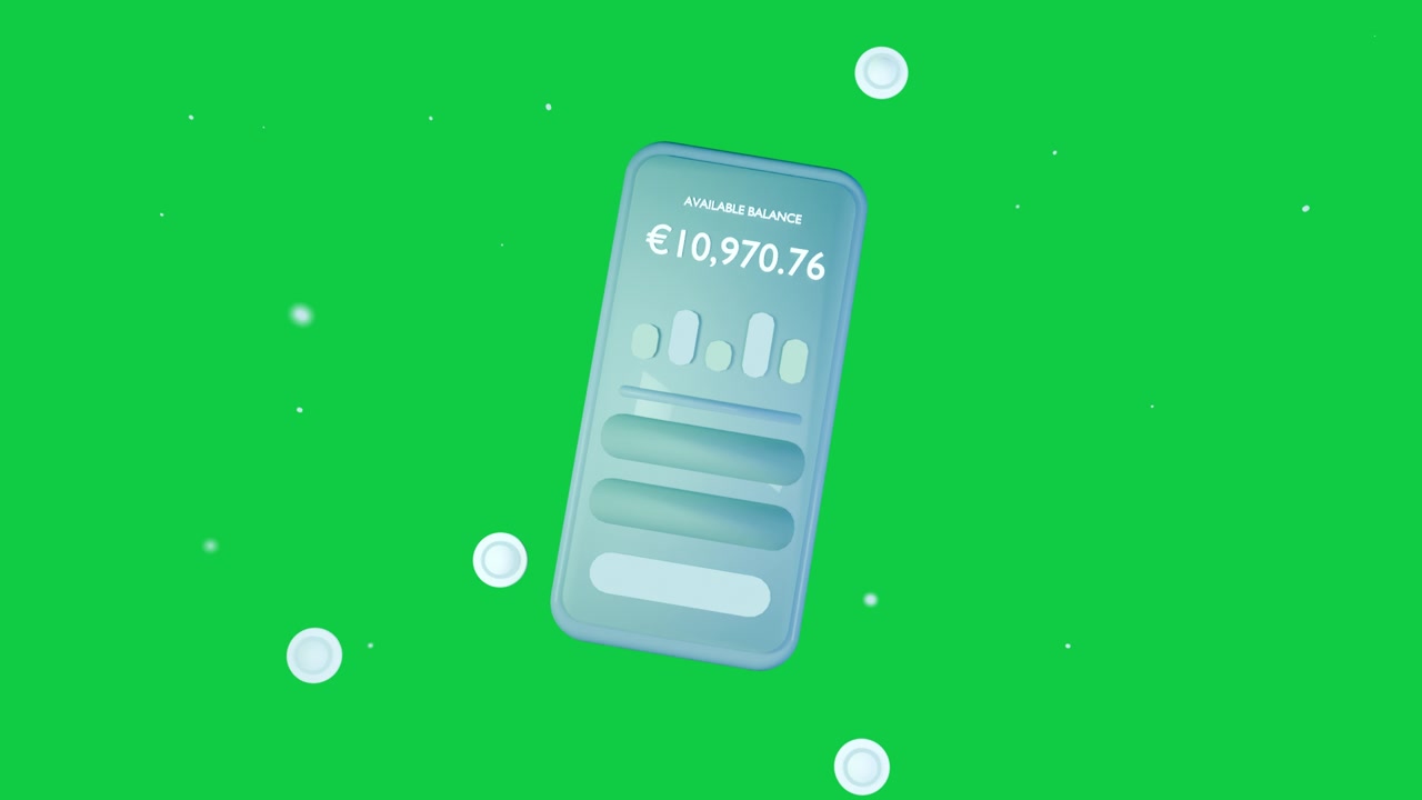 Interfaccia utente di telefono color verde acqua che fluttua e ruota al ritmo di un impulso di token, rivelando il saldo su sfondo chiaro.