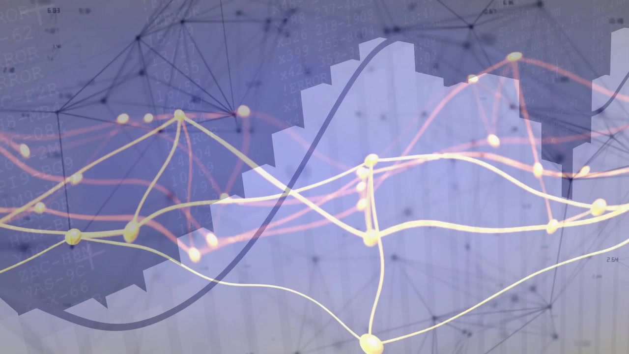 Opening dark network grid, bar chart emerging, waveforms sweeping horizontally for showing trends