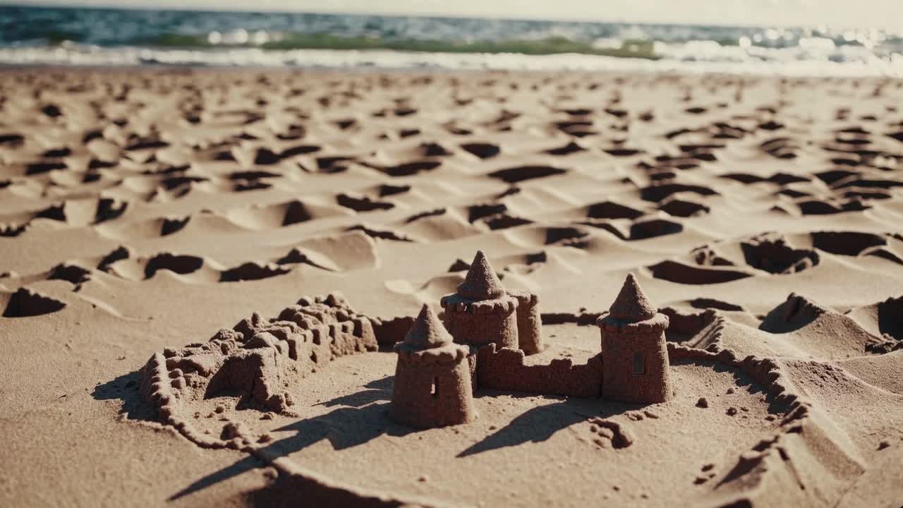 Vídeo em ângulo baixo de um castelo de areia detalhado em uma praia ensolarada, capturando o oceano