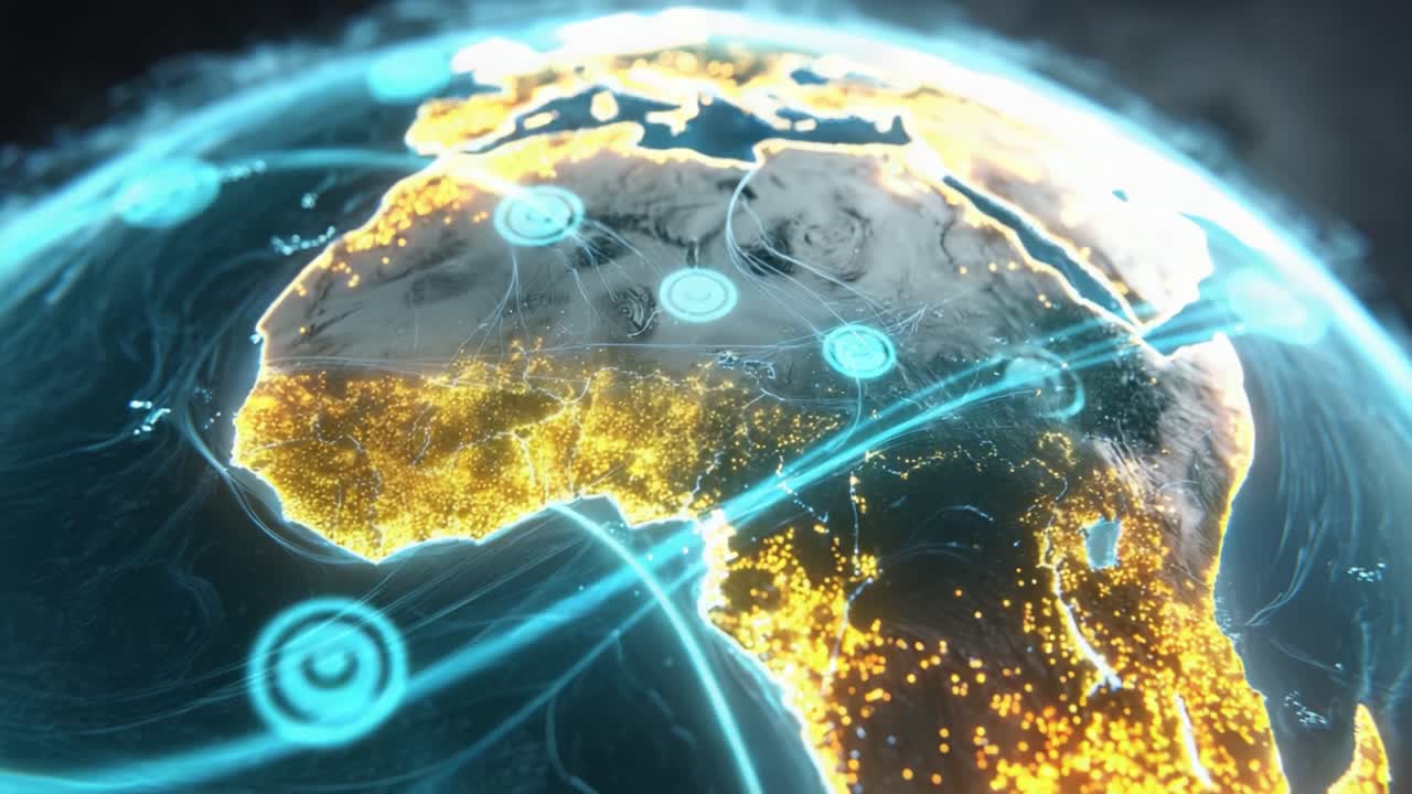Dynamic Visualization of Africa's Geographical Features with Glowing Network Connections and Data Flow, Representing Connectivity and Technological Advancement