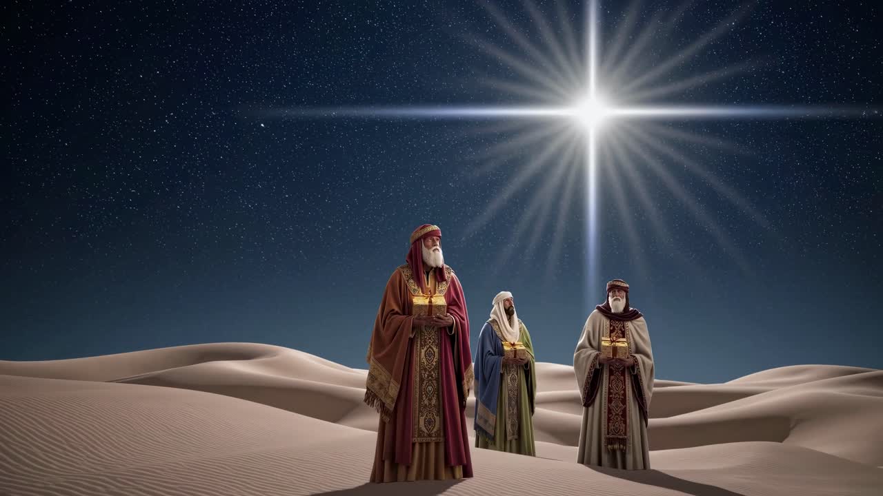 Un’inquadratura dal basso mostra tre figure in tunica che camminano sulle dune del deserto sotto un cielo stellato