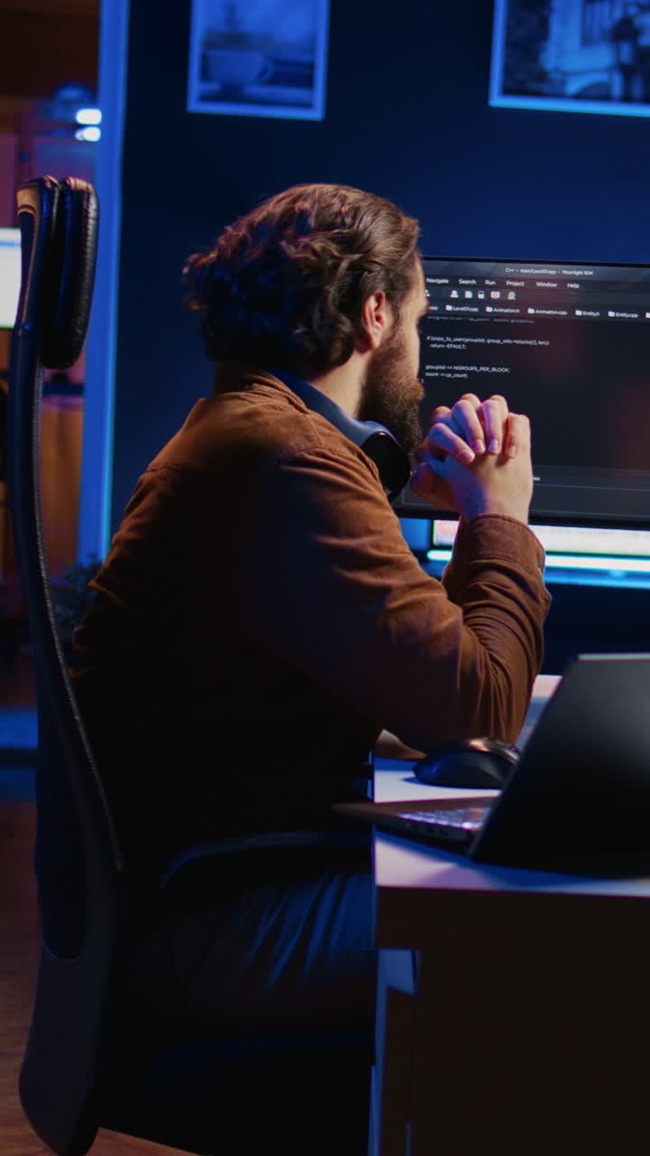 Programista pracuje nocą nad kodem na komputerze