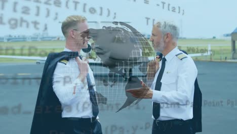 spinning globe and data processing over caucasian two pilots talking while walking on airport runway