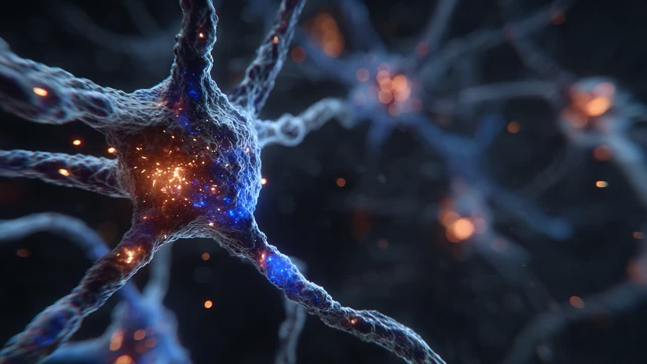 A Stunning Close-Up of Neurons with Glowing Synapses, Capturing the Intricate Networks and Dynamics of Neural Activity in a Microscopic View