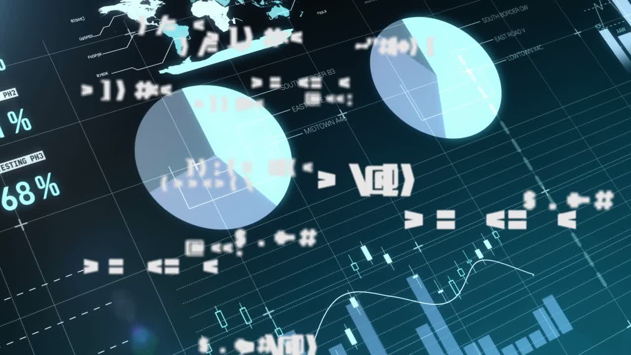 Animation of digital interface with symbols changing, financial data processing and statistics