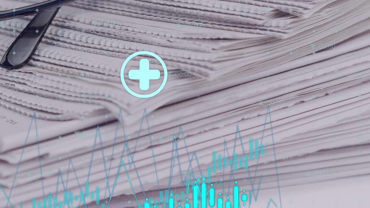 Animation of data processing and digital icons against close up of stack of papers