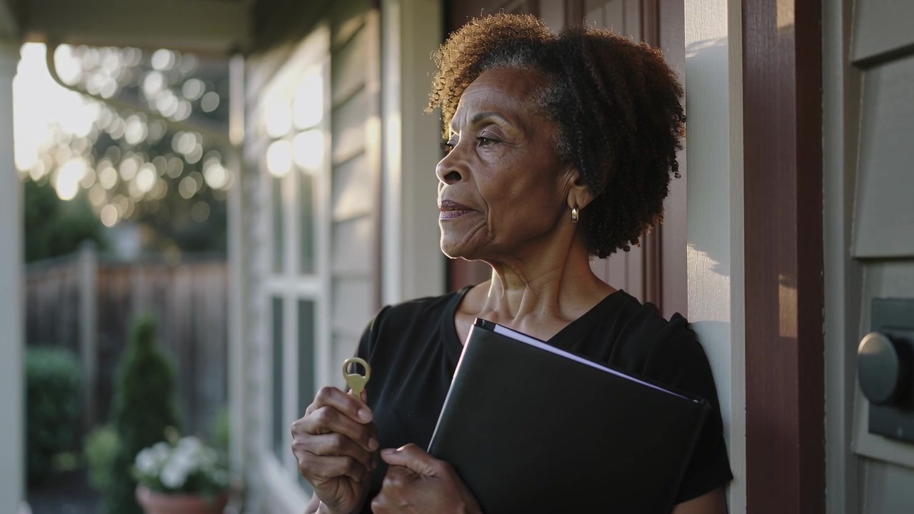 Inspecting key, senior woman in black top holding folder turning on porch, preparing to unlock