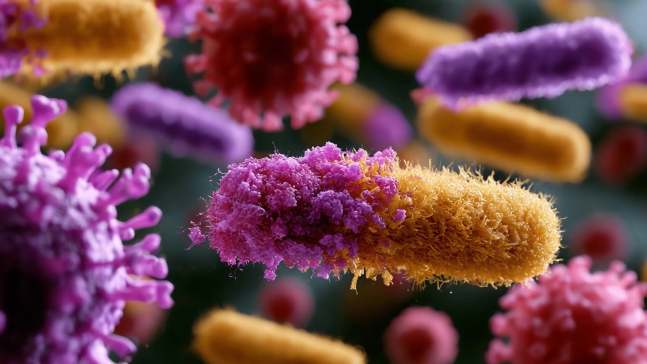 Thế giới vi mô: Hình ảnh trực quan ấn tượng về vi khuẩn và cấu trúc virus đầy màu sắc trong một biểu diễn trừu tượng về sự sống vi sinh vật.