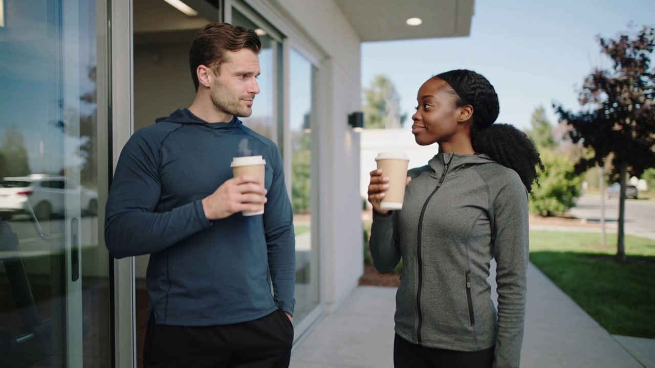 Bringing cups and sipping, woman grey jacket, man dark hoodie starting chat by glass storefront