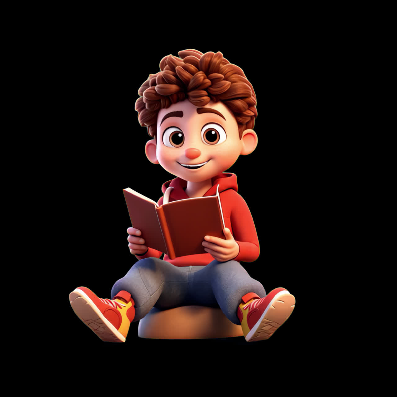 Cheerful cartoon boy reading book animation isolated asset, transparent 4K video, alpha channel