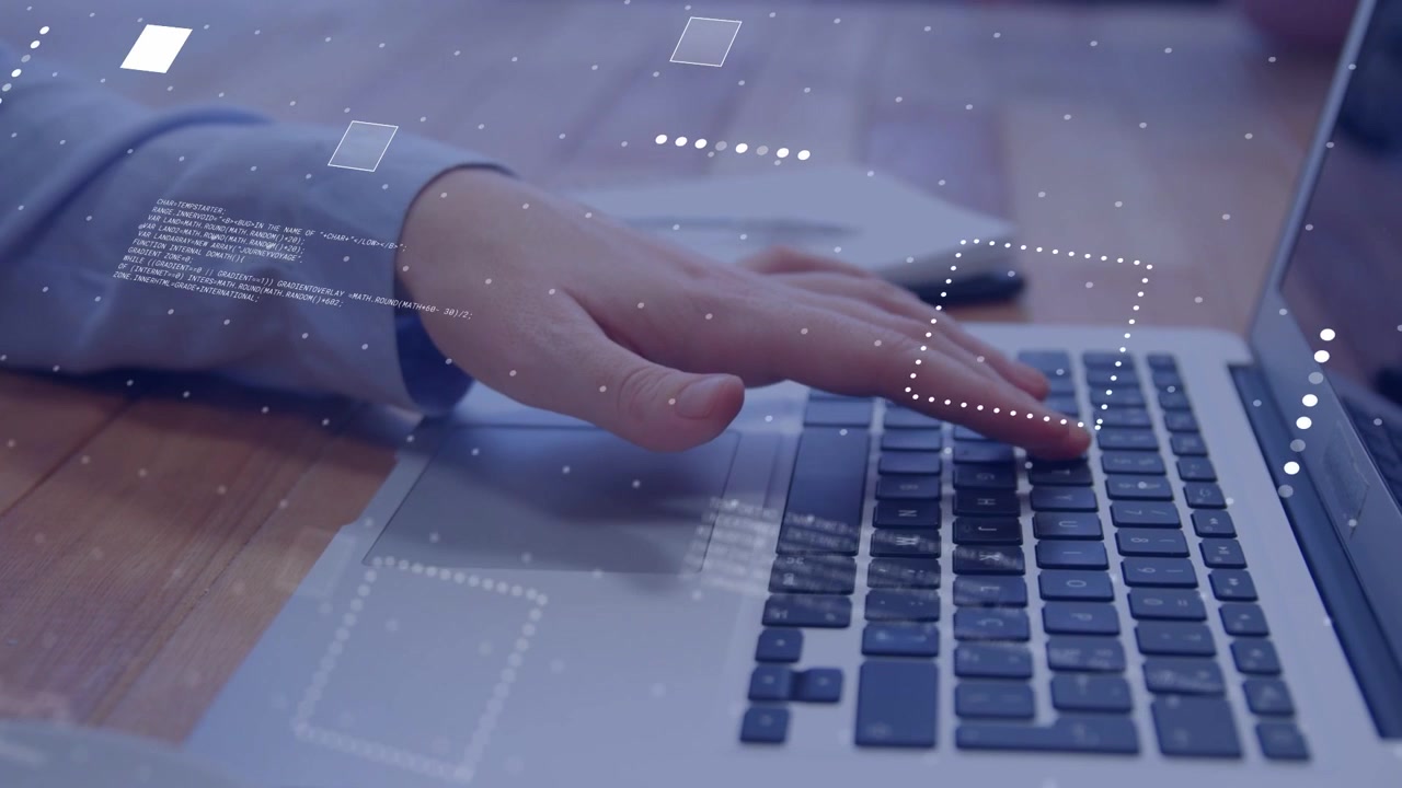 Right hand coming left, hovering then sliding over keys, showing code overlays and inputting data