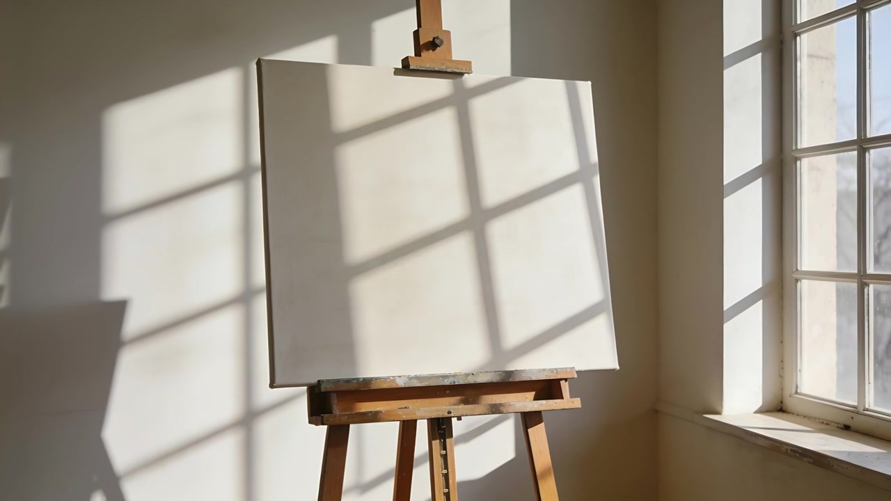 Wanderndes Sonnenlicht wirft Gitterschatten auf eine leere Leinwand auf einer Holzstaffelei in einem Atelier nahe einem Sprossenfenster.