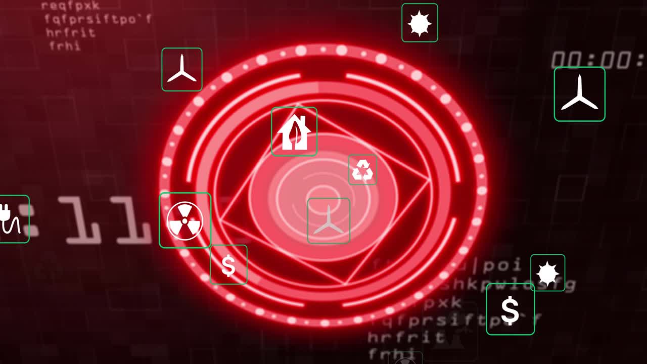 On data pulse, central red HUD pulsing, polygon rotating, icon tiles materializing for monitoring
