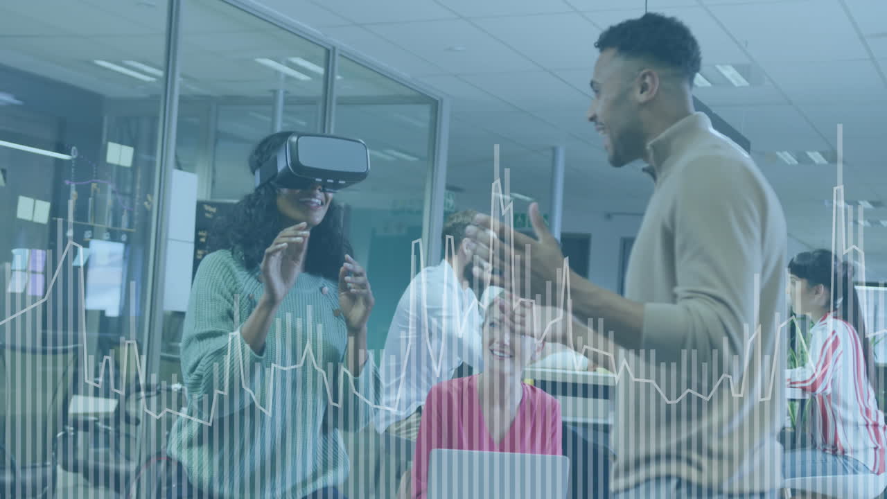 Animation of financial data processing over diverse business people using vr goggles in office