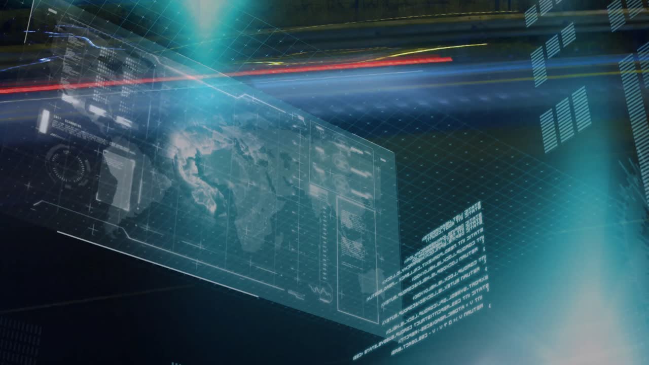 animación de la pantalla con globo, codificación, patrón de cuadrícula sobre rastros de luz por la noche