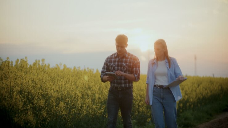 Farmer And Agronomist In Farm At Sunset
