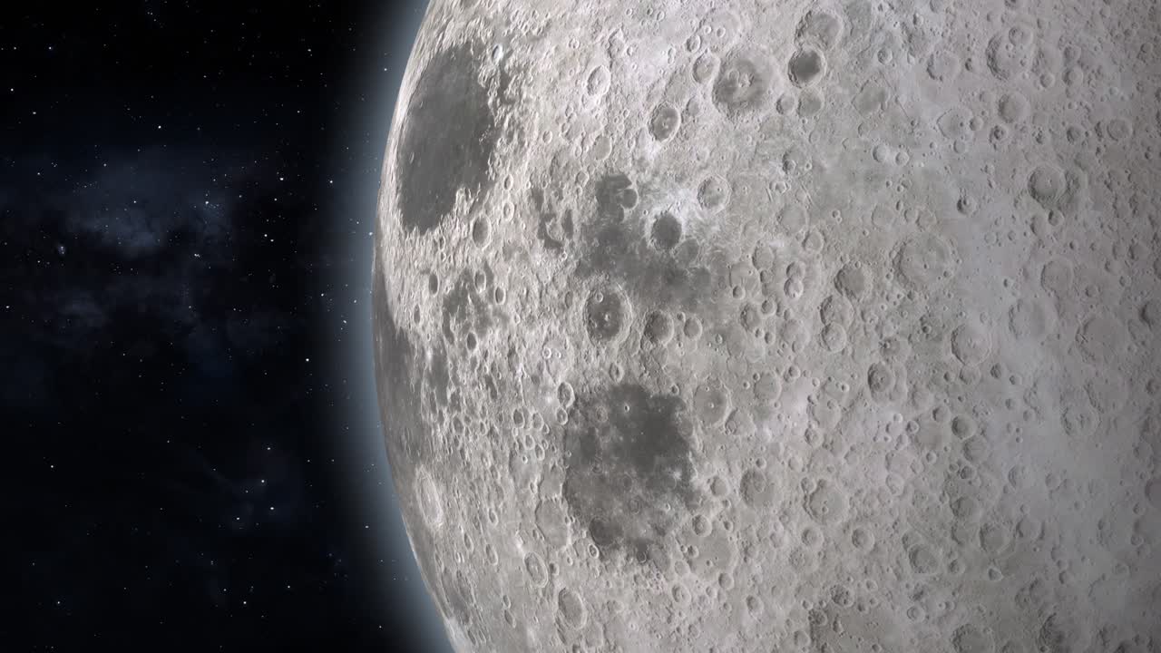 Moon close-up motion graphics, solar system and milky way in background