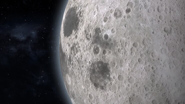 Animação Gráfica de Close-up da Lua, com Sistema Solar e Via Láctea no Fundo