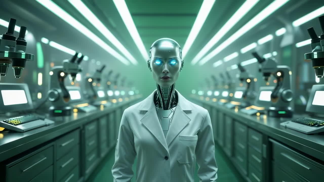 Scienziato Robot Futuristico in un Laboratorio High-Tech