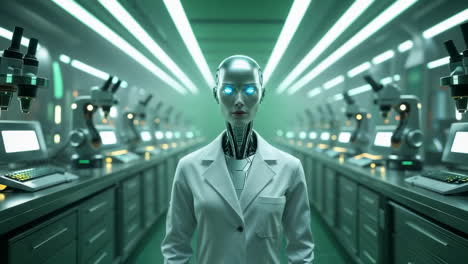 futuristic robot scientist in a high-tech laboratory