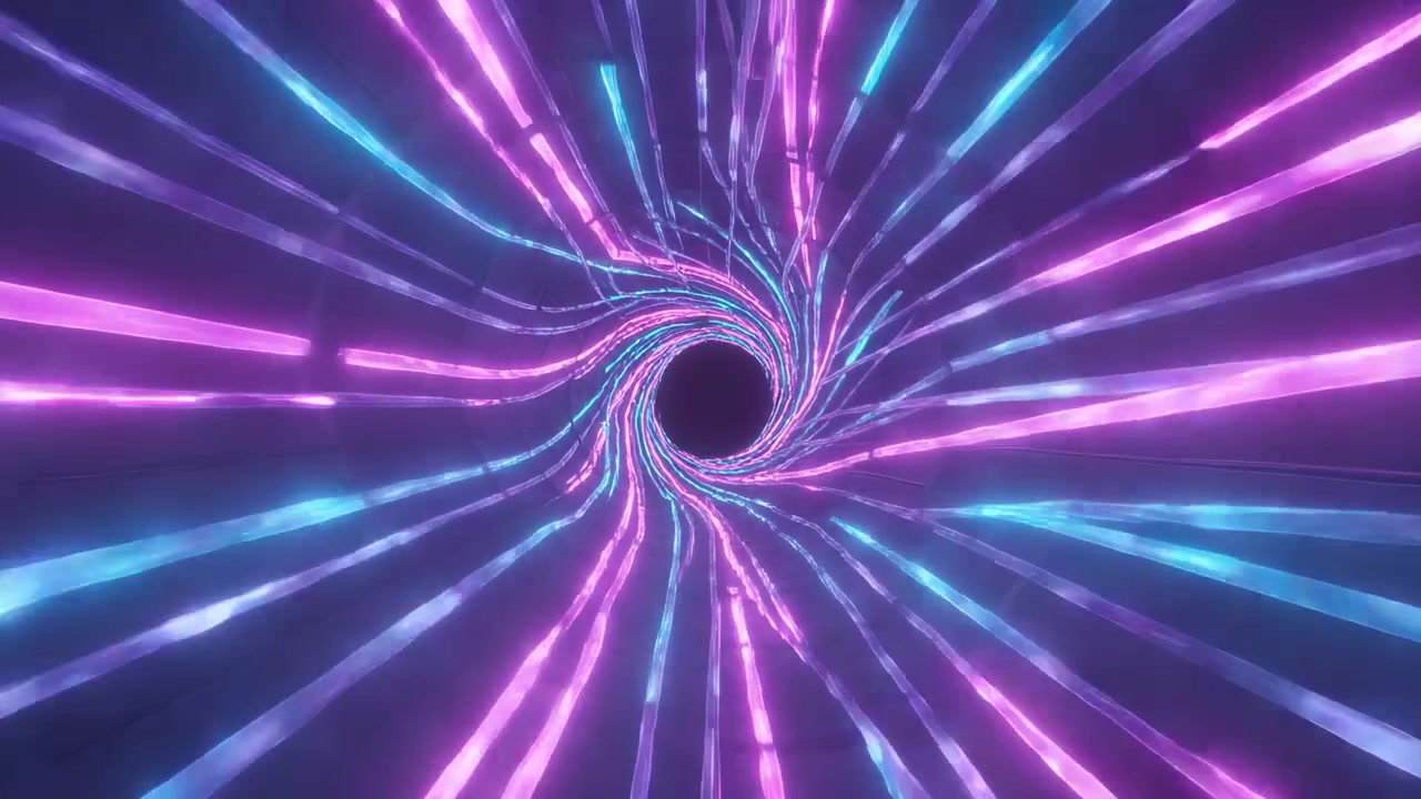 Avvio della rotazione nei fotogrammi che causa nastri al neon che si avvolgono a spirale verso l'interno in un tunnel, rivelando un vuoto nero.