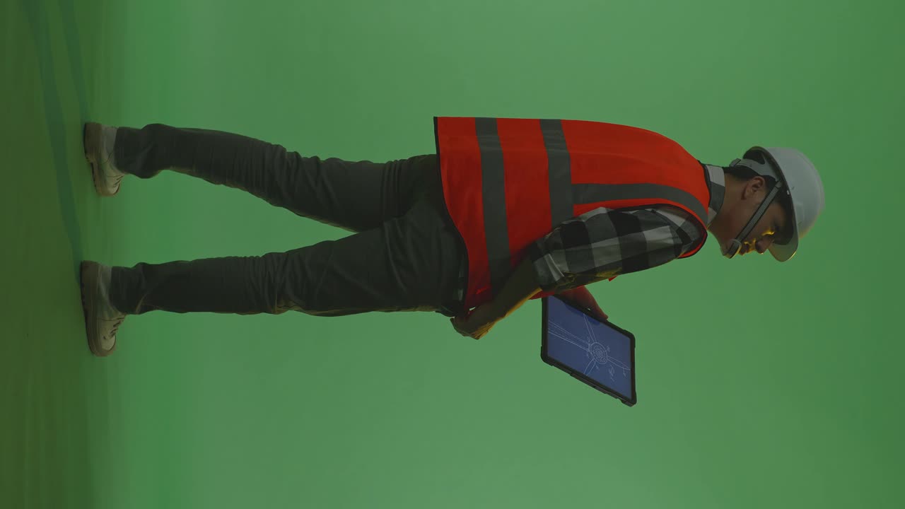 vista trasera completa del cuerpo de un ingeniero masculino asiático con casco de seguridad mirando el plano de la turbina eólica en una tableta mientras está de pie en el estudio de fondo de la pantalla verde, durante la puesta o el amanecer