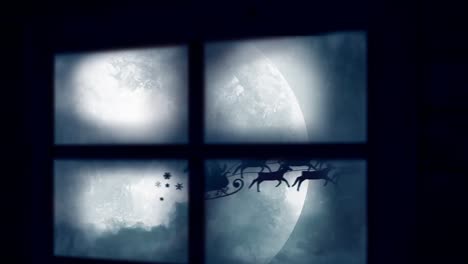 window frame over santa claus in sleigh being pulled by reindeers against night sky