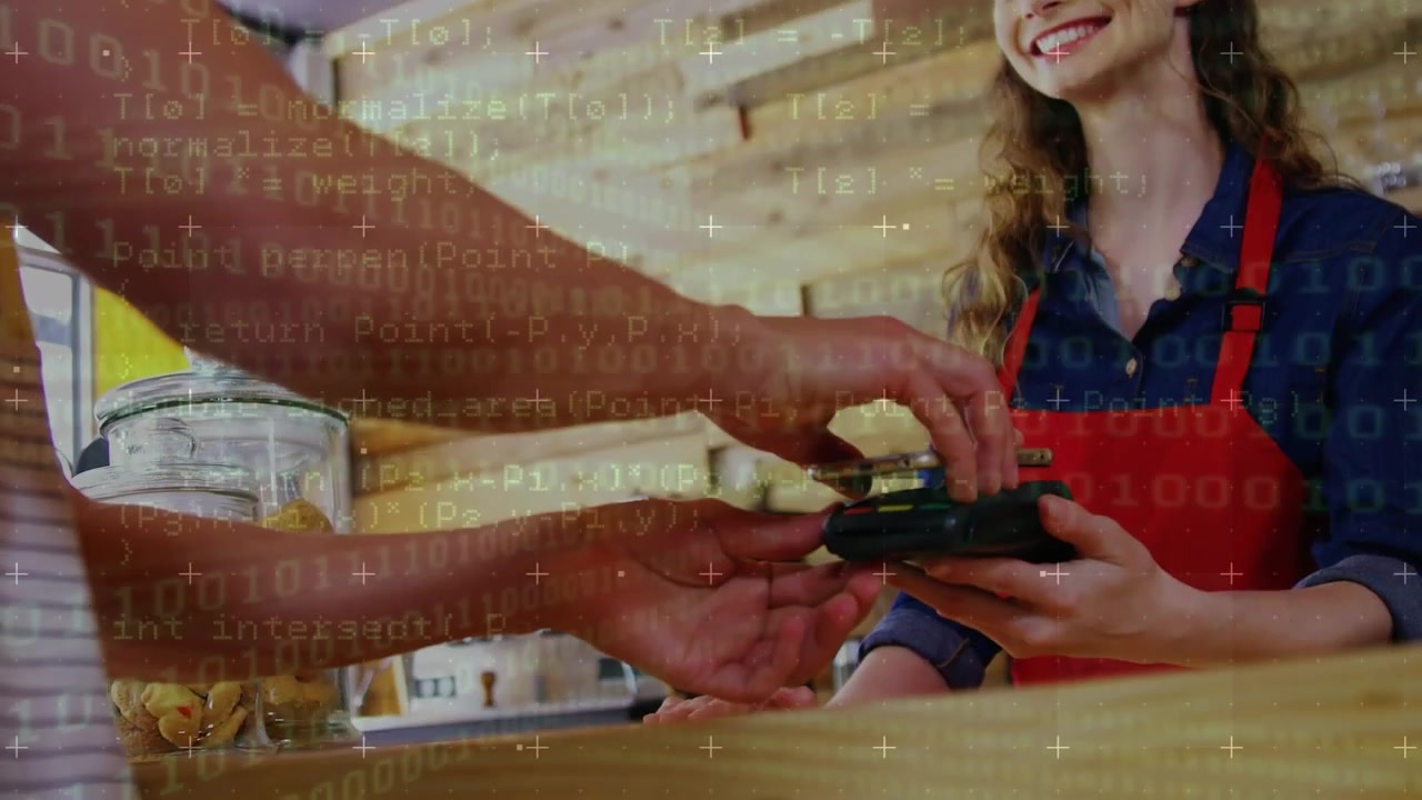 Animation of data processing over caucasian woman and man using contactless payments