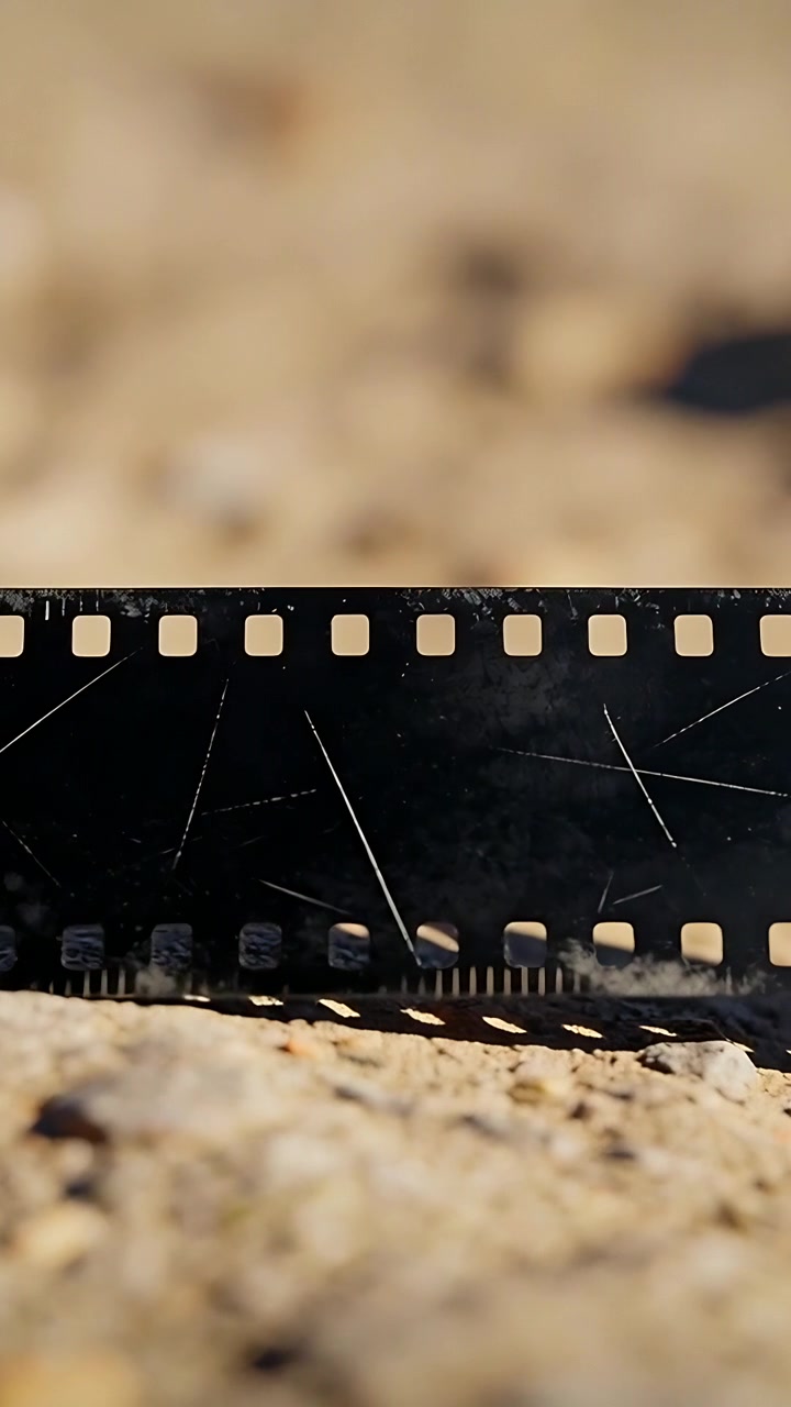 Video verticale: Telecamera che si sposta rivelando una striscia di pellicola nera da 35mm sdraiata sulla sabbia, che mostra graffi.
