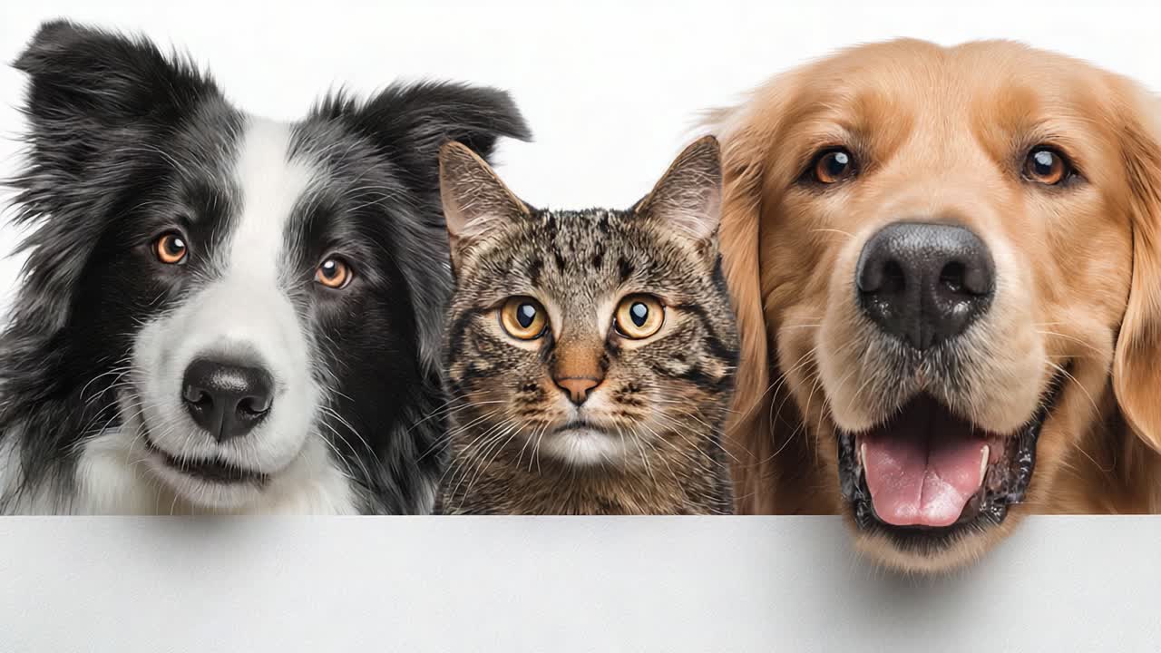 A Heartwarming Trio: Captivating Expressions of a Dog, Cat, and Golden Retriever Showcase Their Unique Personalities and the Bond of Animal Companionship in a Delightful Portrait