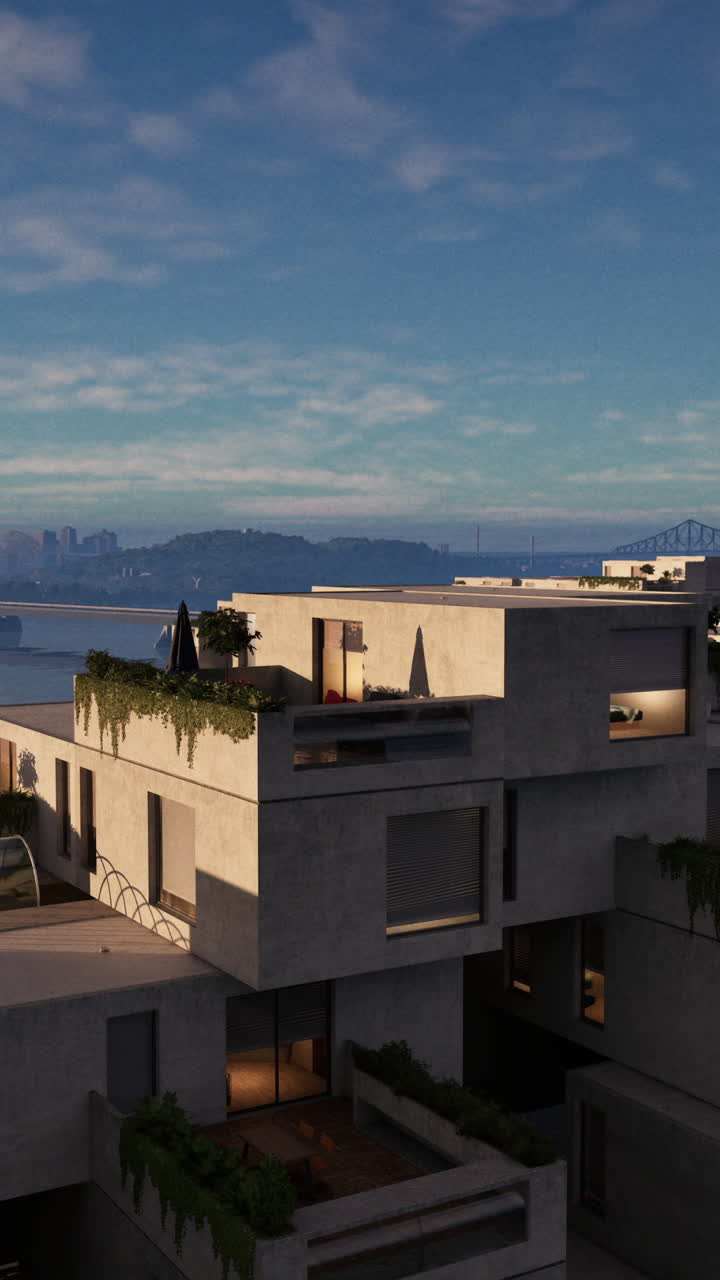 edificio de apartamentos de hormigón moderno con terraza en la azotea