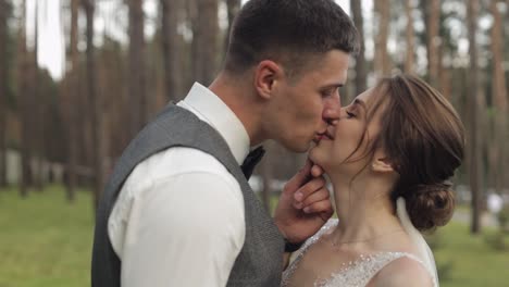 Newlyweds,-caucasian-groom-with-bride-walking,-embracing,-hugs-in-park,-wedding-couple