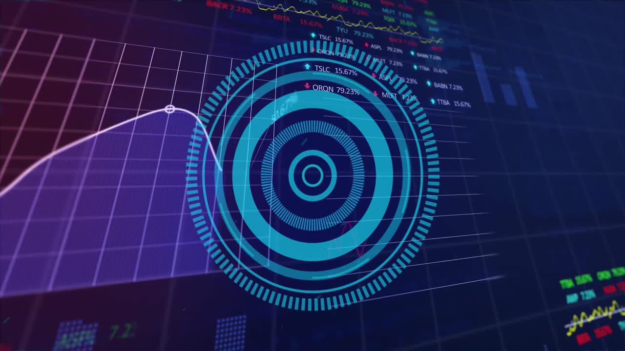 animación de un escáner redondo sobre el procesamiento de datos estadísticos y del mercado de valores sobre un fondo púrpura