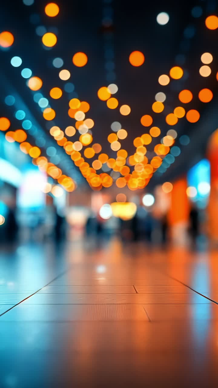 Busy shopping mall with blurred lights. Shoppers walk through a vibrant mall filled with colorful lights and displays, creating a lively atmosphere.