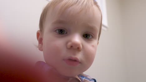 curious baby boy exploring the camera